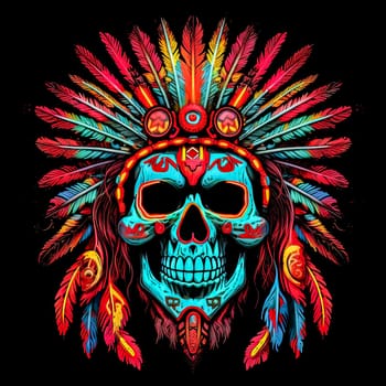 A skull with a feather headdress and a red and blue background. The skull is surrounded by feathers and has a tribal design