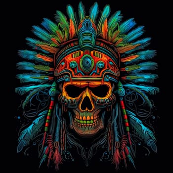 A skull with a feather headdress and a red and blue background. The skull is surrounded by feathers and has a tribal design