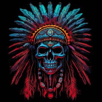 A skull with a feather headdress and a red and blue background. The skull is surrounded by feathers and has a tribal design