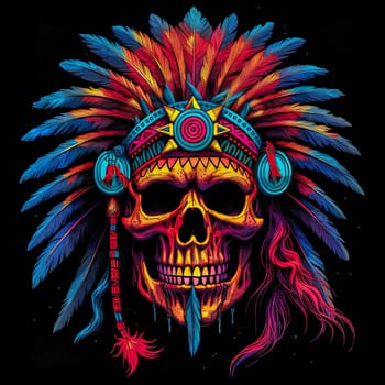 A skull with a feather headdress and a red and blue background. The skull is surrounded by feathers and has a tribal design