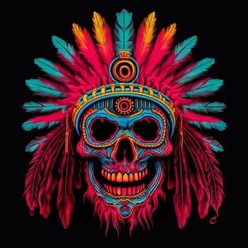 A skull with a feather headdress and a red and blue background. The skull is surrounded by feathers and has a tribal design