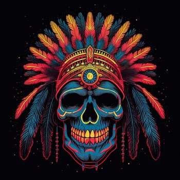A skull with a feather headdress and a red and blue background. The skull is surrounded by feathers and has a tribal design