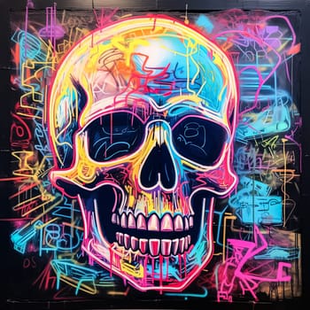 A neon skull with neon colors. The skull is surrounded by a colorful background. The colors are bright and vibrant, giving the image a fun and energetic vibe