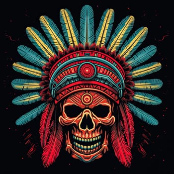 A skull with a feather headdress and a red and blue background. The skull is surrounded by feathers and has a tribal design