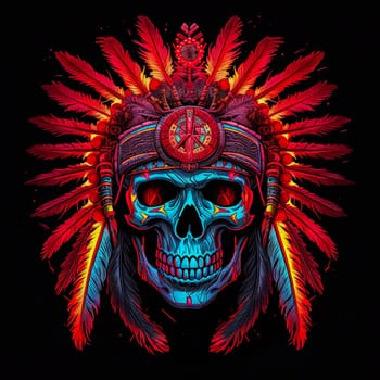 A skull with a feather headdress and a red and blue background. The skull is surrounded by feathers and has a tribal design