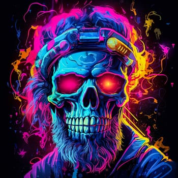 A man with a beard and sunglasses is wearing headphones and smiling. The background features skulls and bones, giving the image a dark and edgy vibe