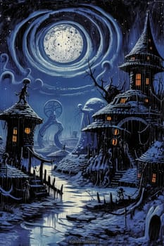 A painting of a small town with houses and a moon in the sky. The mood of the painting is eerie and spooky