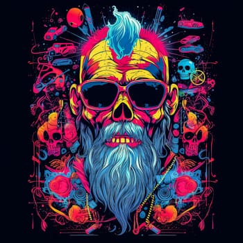 A man with a beard and sunglasses is wearing headphones and smiling. The background features skulls and bones, giving the image a dark and edgy vibe