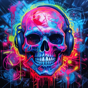 A neon skull with neon colors. The skull is surrounded by a colorful background. The colors are bright and vibrant, giving the image a fun and energetic vibe