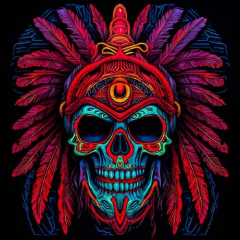 A skull with a feather headdress and a red and blue background. The skull is surrounded by feathers and has a tribal design