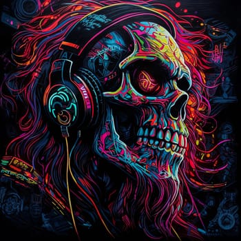 A neon skull with neon colors. The skull is surrounded by a colorful background. The colors are bright and vibrant, giving the image a fun and energetic vibe