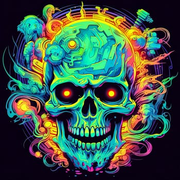 A neon skull with neon colors. The skull is surrounded by a colorful background. The colors are bright and vibrant, giving the image a fun and energetic vibe