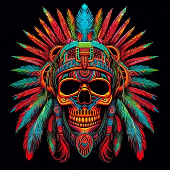 A skull with a feather headdress and a red and blue background. The skull is surrounded by feathers and has a tribal design