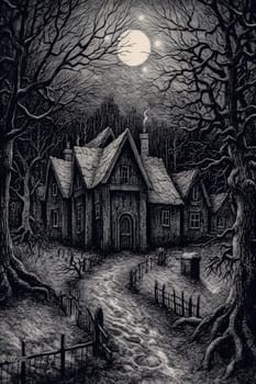 A painting of a small town with houses and a moon in the sky. The mood of the painting is eerie and spooky
