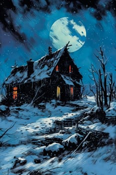 A painting of a small town with houses and a moon in the sky. The mood of the painting is eerie and spooky