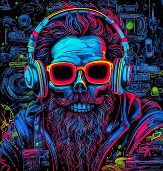 A man with a beard and sunglasses is wearing headphones and smiling. The background features skulls and bones, giving the image a dark and edgy vibe