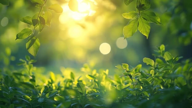 A serene dawn breaks as warm sunlight filters through the vibrant green leaves of a lush garden, heralding a new day - springtime background - Generative AI