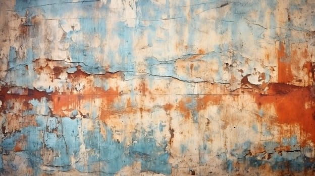 This image exhibits an old wall with a striking pattern of peeling blue and red paint, evoking feelings of nostalgia -- Generative AI