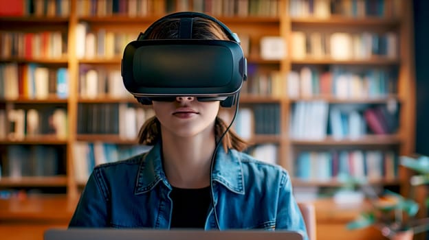 A woman stands immersed in a virtual reality experience, wearing a VR headset with a bookshelf-filled background, suggesting a blend of technology and literature.