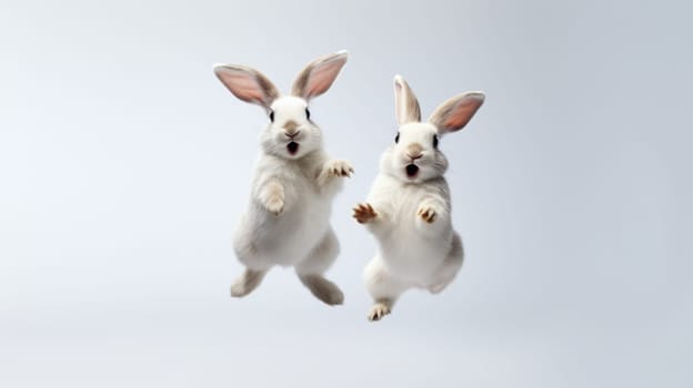 Adorable fluffy rabbits with perky ears hopping on white background.