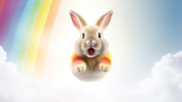 A fluffy white bunny joyfully leaps on white clouds under the bright sun, capturing natures beauty and the bunnys innocence, bringing joy and wonder.