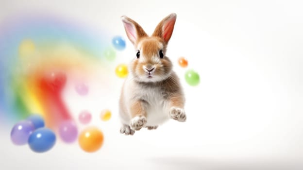 Adorable bunny happily hopping on white background vibrant rainbow and colorful Easter eggs flying around.