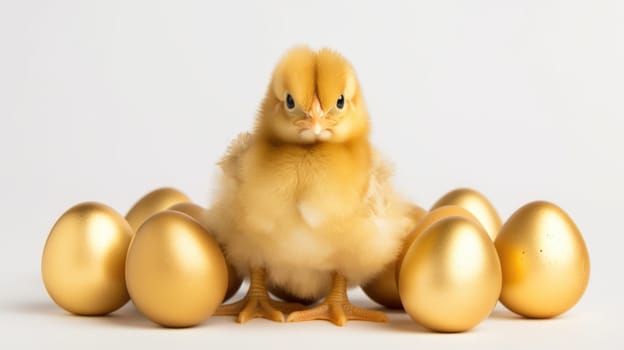 Fluffy yellow baby chick standing in front of golden Easter eggs.