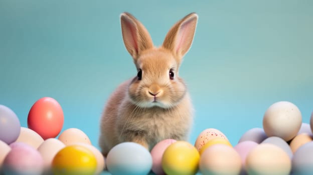 Cute rabbit with colorful Easter eggs on blue background.