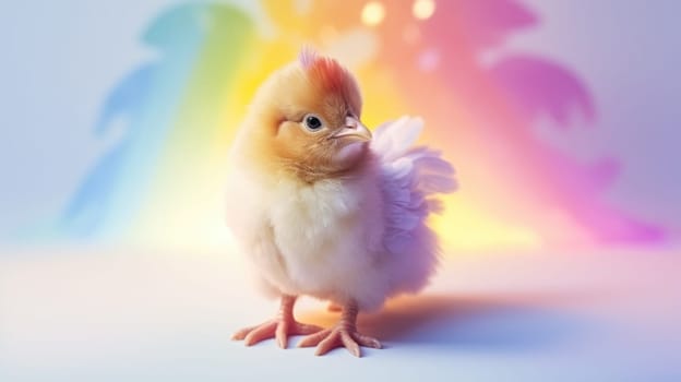 A vibrant chicken with rainbow feathers stands on a pastel rainbow backdrop. Its multicolored feathers contrast beautifully with the soft gradient background, creating a whimsical and cheerful scene.