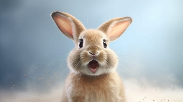 Surprised Funny Cute Bunny with Big Eyes on Light Background, Cute Animal Portrait.