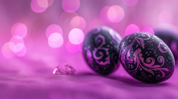 Purple and black Easter Eggs on dark Background. Happy Easter eggs.