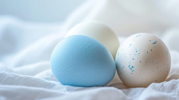Blue Easter Eggs with White Polka Dots on Light Blue Background. Easter eggs.