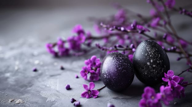 Purple and black Easter Eggs on dark Background. Happy Easter eggs.