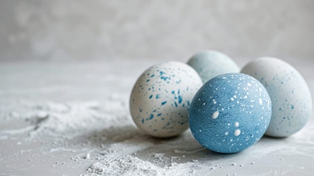 Blue Easter Eggs with White Polka Dots on Light Blue Background. Easter eggs.