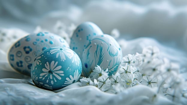 Blue Easter Eggs with White Polka Dots on Light Blue Background. Easter eggs.