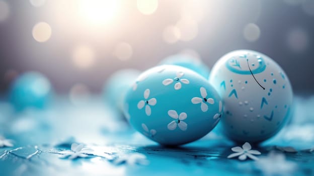 Two blue Easter eggs with white polka dots on light blue background with white babys breath flowers on the left side of the image. Perfect for Easter, spring, or holiday projects.