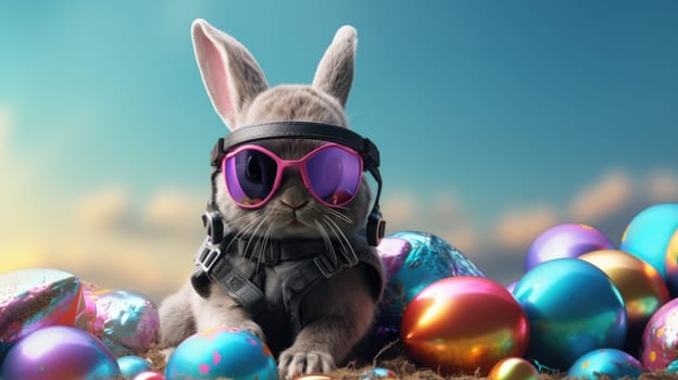 A stylish white rabbit wearing retro goggles and a fashionable outfit against a vibrant blue background. This unique and eye-catching image is sure to capture attention and leave a lasting impression.