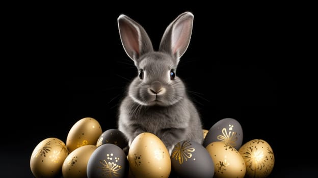 A charming small gray rabbit surrounded by shiny gold and silver Easter eggs on a bright white background. The rabbit is gazing directly at the camera, adding a touch of whimsy to the festive scene.