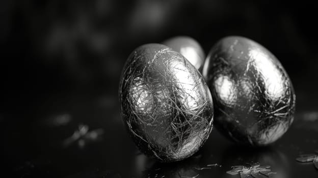 Silver metallic and black Easter Eggs on dark Background. Happy Easter eggs.