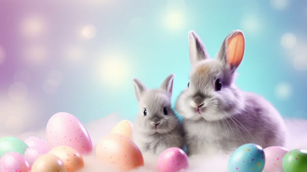 Two cute rabbits posing together, one sitting upright with perked ears, the other with folded ears beside. Both looking at the camera. Soft blue background with clouds.