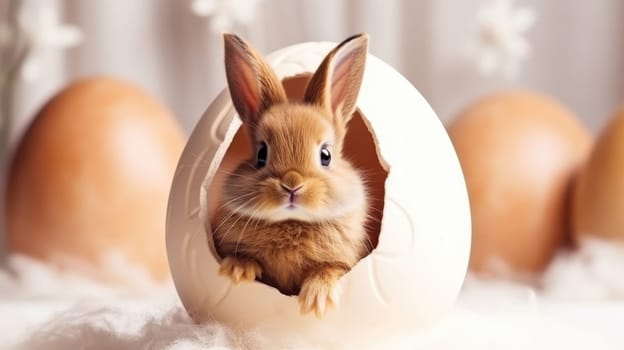 A cute baby rabbit in a broken eggshell, perfect for Easter projects. The rabbits ears are perked up and eyes wide open, looking out of the shell on a white background.