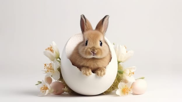 A cute baby rabbit in a broken eggshell, perfect for Easter projects. The rabbits ears are perked up and eyes wide open, looking out of the shell on a white background.