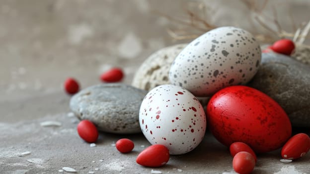 Red and white Easter Eggs on dark Background. Happy Easter eggs.