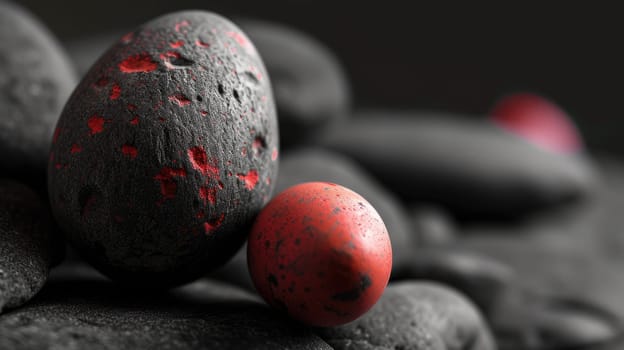 Red and black Easter Eggs on dark Background. Happy Easter eggs.