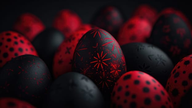 Red and black Easter Eggs on dark Background. Happy Easter eggs.