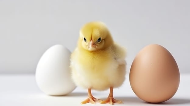 Fluffy yellow baby chick standing in front of golden Easter eggs.