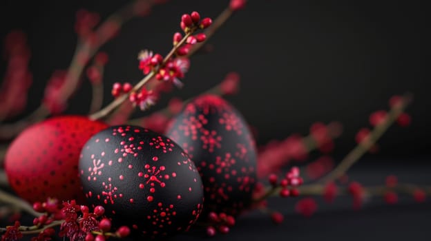 Red and black Easter Eggs on dark Background. Happy Easter eggs.