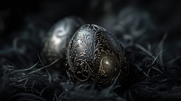 Silver metallic and black Easter Eggs on dark Background. Happy Easter eggs.