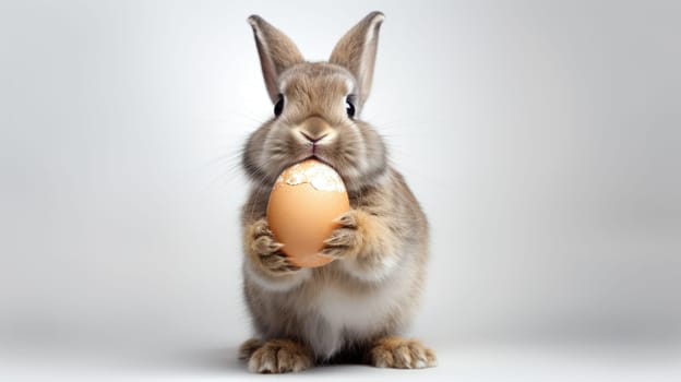 Studio shot of a cute bunny with Easter eggs on a white background.