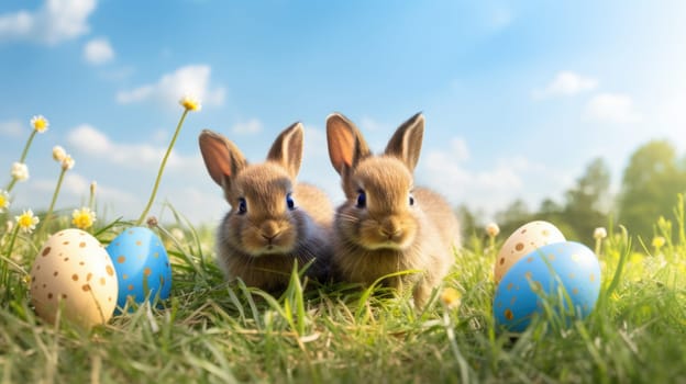 Cute bunnies sitting on the green grass with colorful Easter eggs under clear blue sky on sunny spring day. Easter egg hunt.